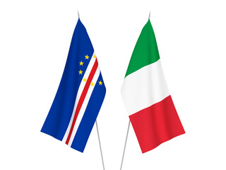 National fabric flags of Italy and Republic of Cabo Verde isolated on white background. 3d rendering illustration.