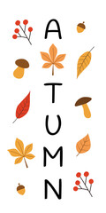 Vertical banner with autumn iinscription. Vector illustration with leaves, mushrooms, acorns. Perfect for home decor or a seasonal poster. 