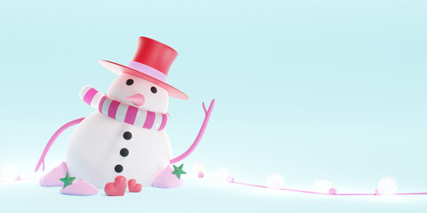 Merry christmas and happy new year banner. Happy snowman standing in a blue background.