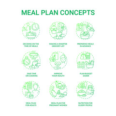 Meal plan related green gradient concept icons set. Preparing food idea thin line color illustrations. Shopping and cooking. Prep products ahead. Eating habits. Vector isolated outline drawings