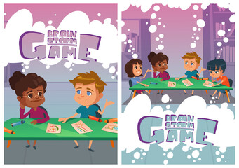 Brainstorm game posters with thinking children in school. Concept of brainstorming, teamwork and conversation. Vector flyers with cartoon illustration of kids dispute at table with pictures