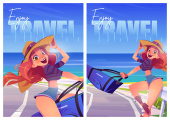 Enjoy summer travel cartoon posters. Girl with luggage bag at beautiful seaview landscape. Tourist woman on vacation, road seascape view, trip, adventure, holidays journey to ocean vector illustration