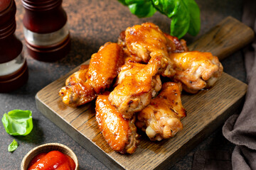 Homemade baked or fried chicken wings in barbecue sauce on a serving board on a cooking table closeup