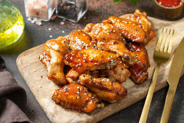 Homemade baked or fried chicken wings in barbecue sauce on a serving board on a cooking table closeup