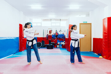 Obraz premium Two young women practice taekwondo in a training center