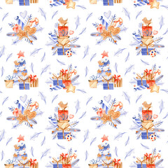 Watercolor cute christmas seamless pattern for wrapping paper, fabric, digital scrapbooking. My first christmas pattern. Christmas tree, gift boxes repeat background