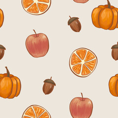 Seamless pattern with hand drawn isolated autumn food elements