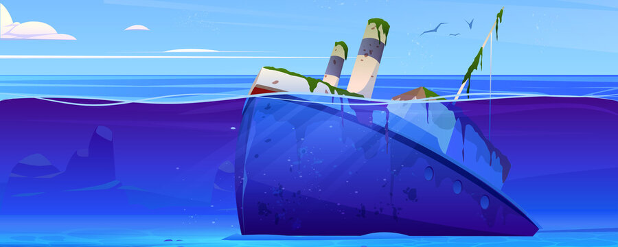 Wreck ship, sunken steamboat with pipes lying on ocean sandy bottom, broken vessel covered with green seaweeds stick up above water surface. Navy scene, pc game background, Cartoon vector illustration