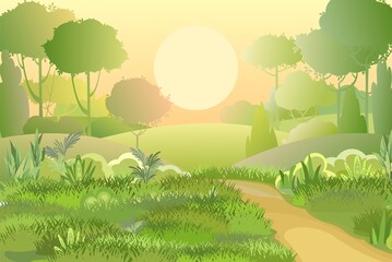 Road. Amusing beautiful forest landscape. Sunrise. Cartoon style. The path through the hills with grass. Trail. Cool romantic pretty. Flat design illustration. Vector art