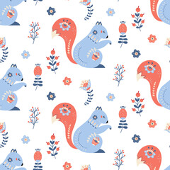 Scandinavian squirrel seamless pattern folk forest animal background