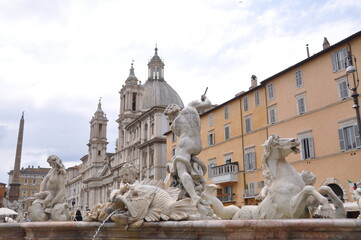 The Fountain of Neptune (Fontana del Nettuno) at the north end of the Piazza Navona in Rome, Italy 
