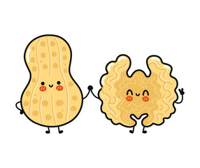 Cute, funny happy peanut and walnut character. Vector hand drawn cartoon kawaii characters, illustration icon. Funny cartoon peanut and walnut friends concept