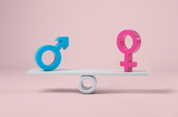 Sign of woman and man on a scale, concept of gender equality. 3d rendering