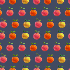 Hand drawn cute apples on a blue background.  Fruit illustration. Seamless pattern.