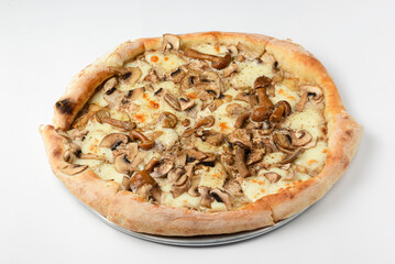 Appetizing pizza with mushrooms on a white background. Delicious vegetarian pizza isolated on white.
