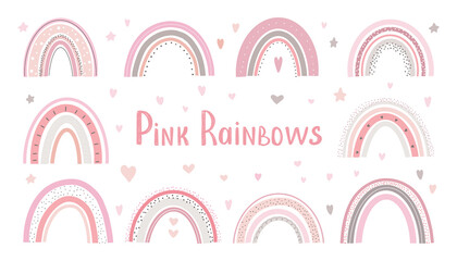 Cute rainbow vector pastel set on white background printable poster for kids. Scandinavian rainbow for children's room wall decor.