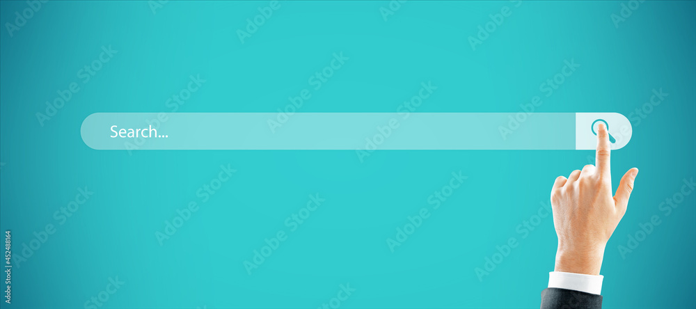 Poster Man hand pointing at creative website search bar on blue background. Internet and browse concept.