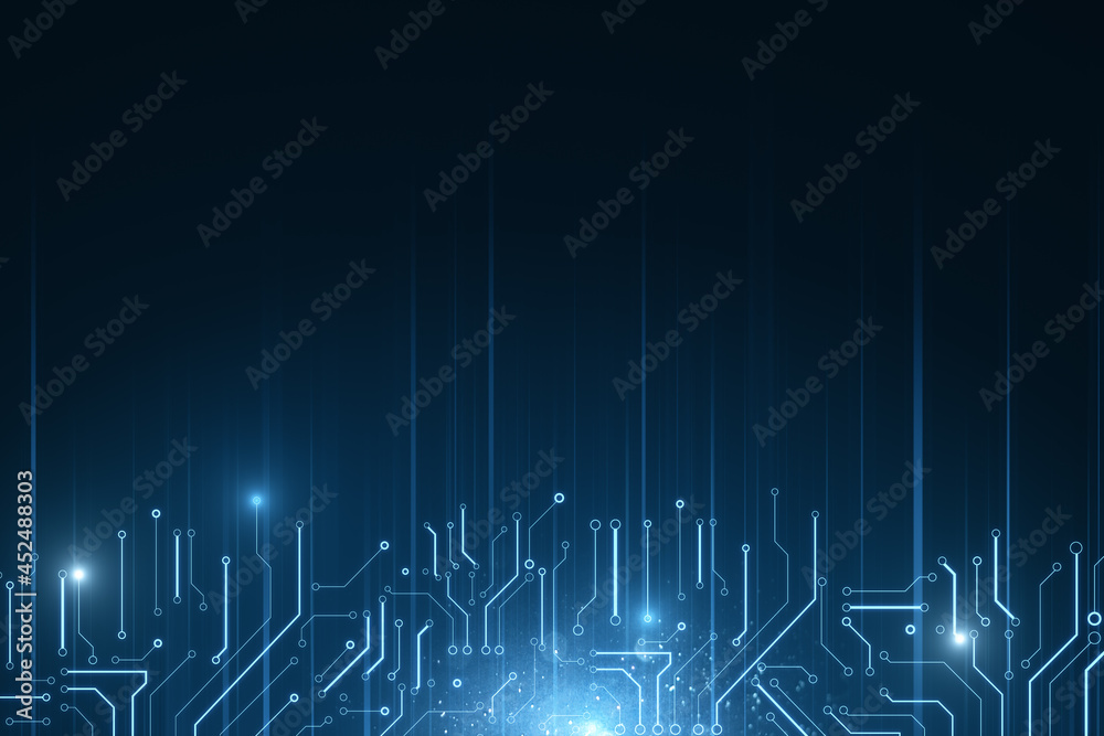 Poster Creative glowing digital circuit background with blue mock up place for your advertisement. Technology and innovation concept. 3D Rendering.
