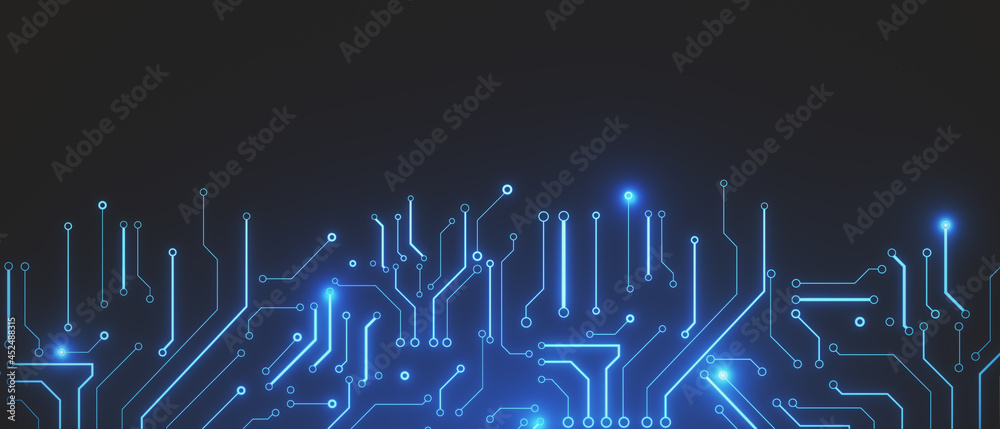 Poster creative glowing digital circuit wallpaper with blue mock up place for your advertisement. technolog