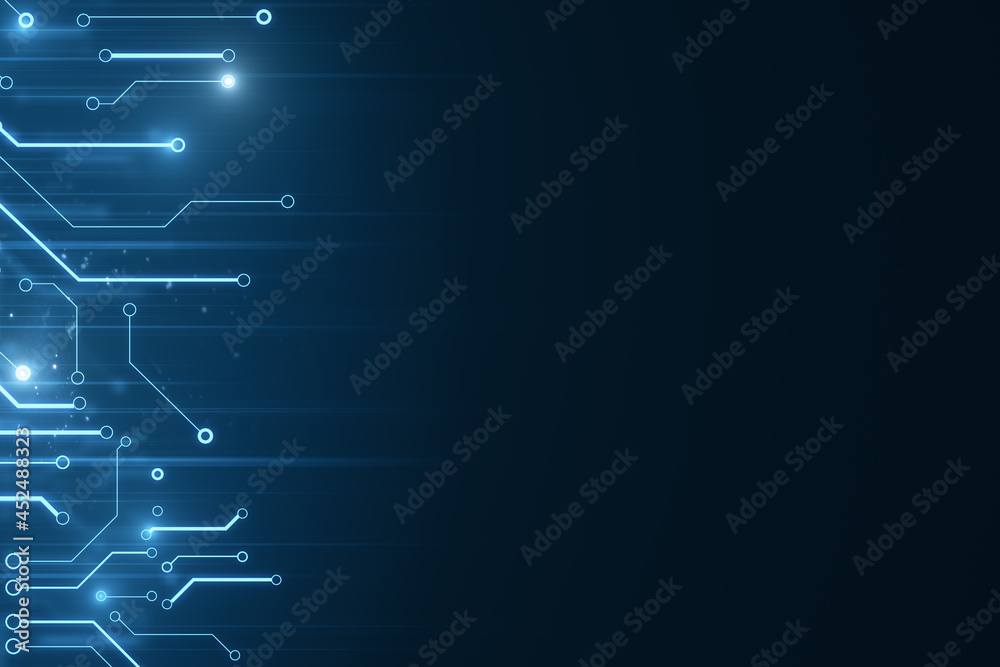 Poster Creative glowing digital circuit backdrop with blue mock up place for your advertisement. Technology and innovation concept. 3D Rendering.