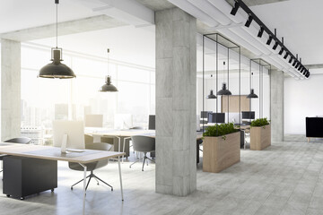Modern wooden coworking office interior with city view, furniture and other objects. 3D Rendering.