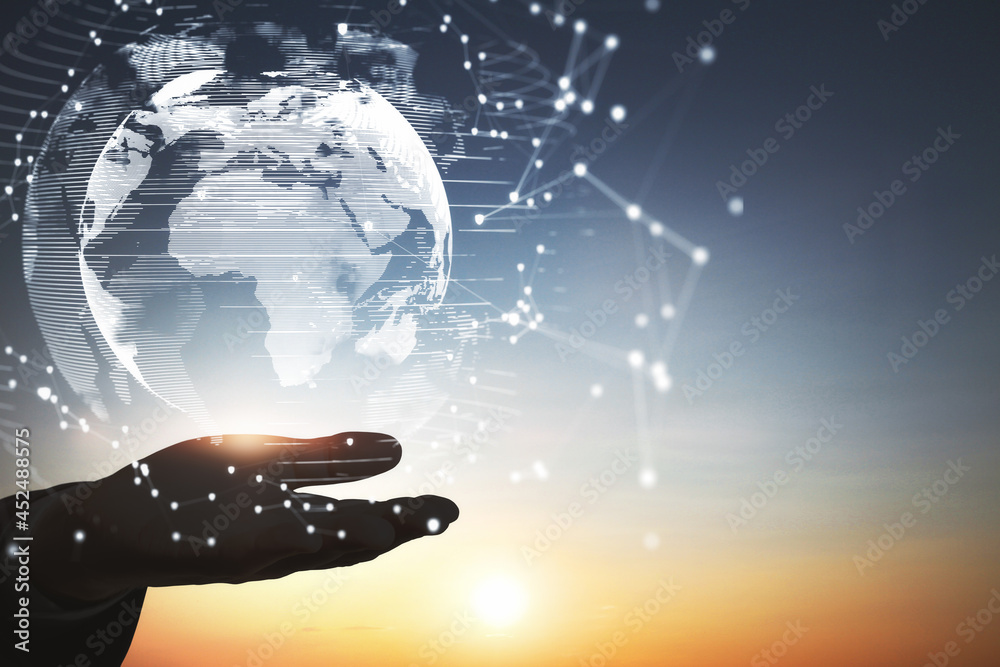 Poster close up of backlit hand holding abstract glowing polygonal globe on blurry sunset background with m