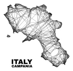 carcass irregular mesh Campania region map. Abstract lines form Campania region map. Wire carcass flat net in vector format.