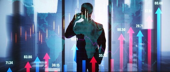 Young man talking on the phone in office with panoramic blurry city view and forex chart. Finance, trade, communication, executive and success concept.