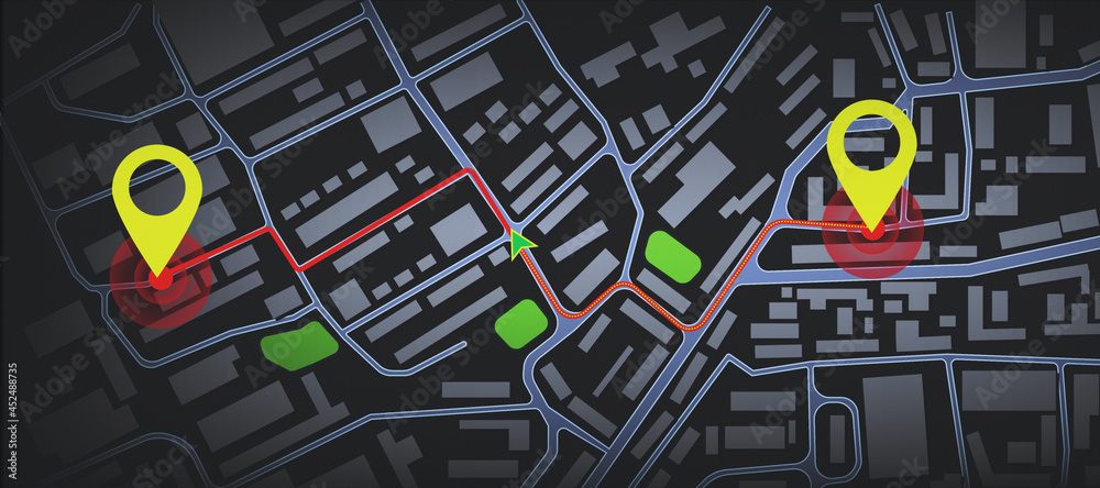 Poster Creative dark map wallpaper with location marks. GPS, innovation and navigation concept. 3D Rendering.