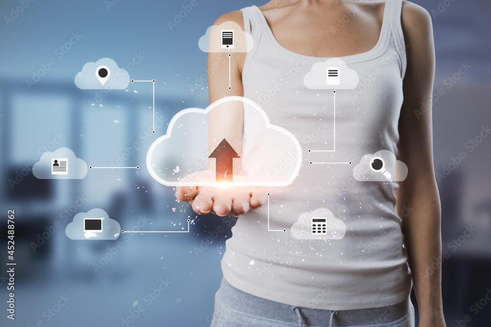 Aufkleber close up of female hand holding abstract digital cloud on blurry office room background. cloud compu