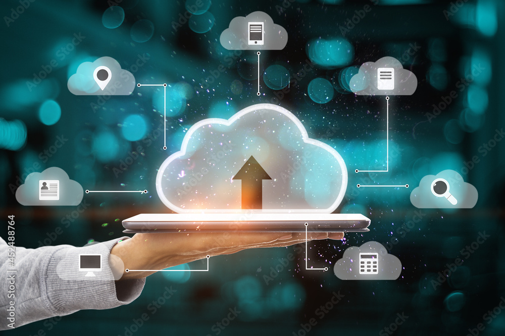 Aufkleber close up of businessman hand holding tablet with abstract digital cloud on blurry server room backgr