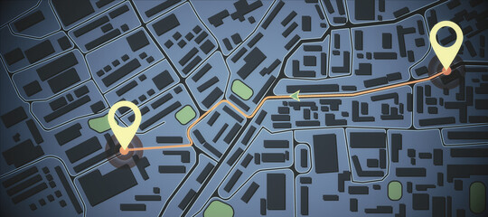 Creative dark map background with location marks. GPS, innovation and navigation concept. 3D...