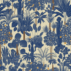 Oasis. Vector seamless pattern. Tropical trees and palms. Retro