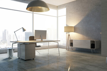 New designer office interior with wooden flooring, window and city view, desk, equipment and furniture. 3D Rendering.