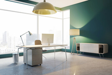 Contemporary green designer office interior with window and city view, desk, equipment and furniture. 3D Rendering.
