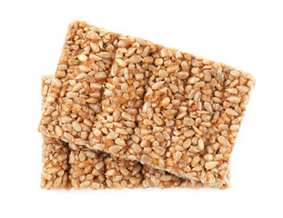 Delicious kozinaki bars on white background, top view