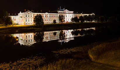 Jelgava castle and refletion at night, Latvia.