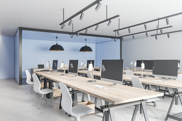 Fototapeta na wymiar Clean coworking office interior with blue tile partition, equipment, furniture and daylight. 3D Rendering.