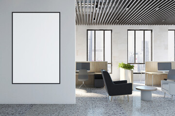 Modern office interior with empty mock up frame, city view, armchairs, workplaces and equipment. 3D Rendering.