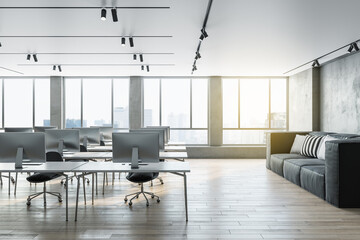 Spacious coworking office interior with city view, furniture and daylight. 3D Rendering.