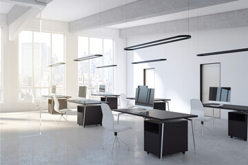 Modern concrete glass office interior with equipment, city view, furniture, devices and daylight. 3D Rendering.