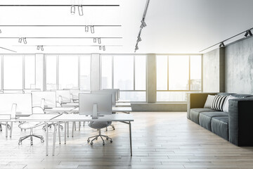 Bright sketch of modern office interior with equipment, daylight and furniture. Design and repairs concept. 3D Rendering.