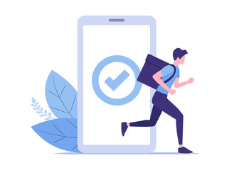 Home delivery. Online shopping. Courier service. Flat colored illustration. Isolated on white background. 