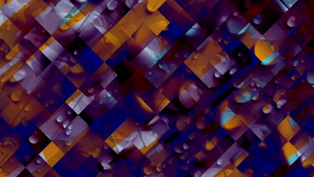 Abstract square grid pattern with rotating water droplet shapes. Complementary colors, seamless loop.