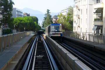 Metro tracks at City of Lausanne on a sunny summer day. Photo taken August 11th, 2021, Lausanne,...