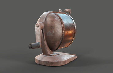A rusty dirty old vintage antique vacuum mounted hand powered pencil sharpener isolated on white with room 3d render