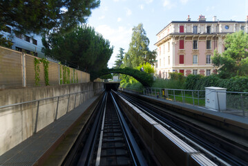 Fototapeta premium Metro tracks at City of Lausanne on a sunny summer day. Photo taken August 11th, 2021, Lausanne, Switzerland.