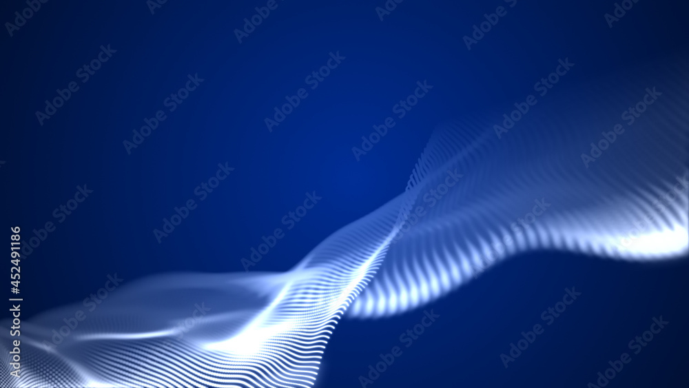 Poster Blue dynamic particles wave. Embossed mesh representing internet connections, cloud computing and neural networks. Data flow. Technology background. 3d rendering.