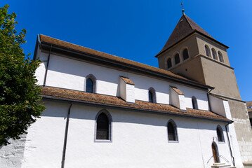 Roman protestant church Notre Dame at City of Nyon on a sunny summer day. 