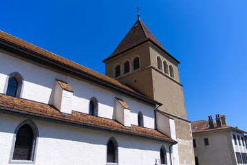 Fototapeta premium Roman protestant church Notre Dame at City of Nyon on a sunny summer day. 